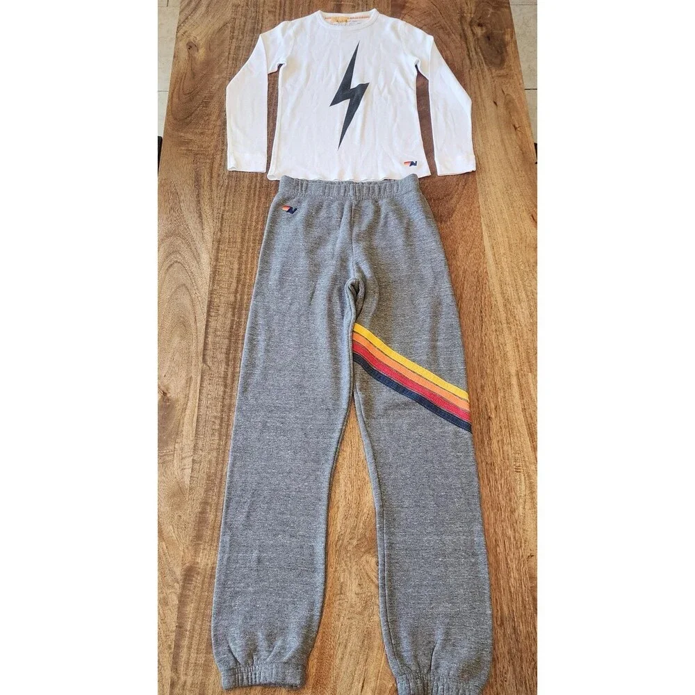 Aviator Nation Shirt Pants Set Kids 10 White Gray Lightningbolt 2 Piece Outfit